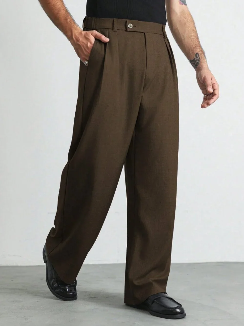 Coffee Brown Loose Fit Men's Plain Wide Leg Straight Long Pants